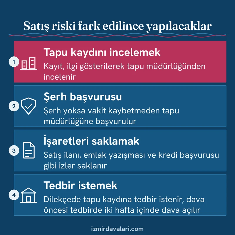 Evin satılma riskine karşı tapu kaydı incelemesi, şerh başvurusu, delil saklama ve tedbir talebini gösteren kart