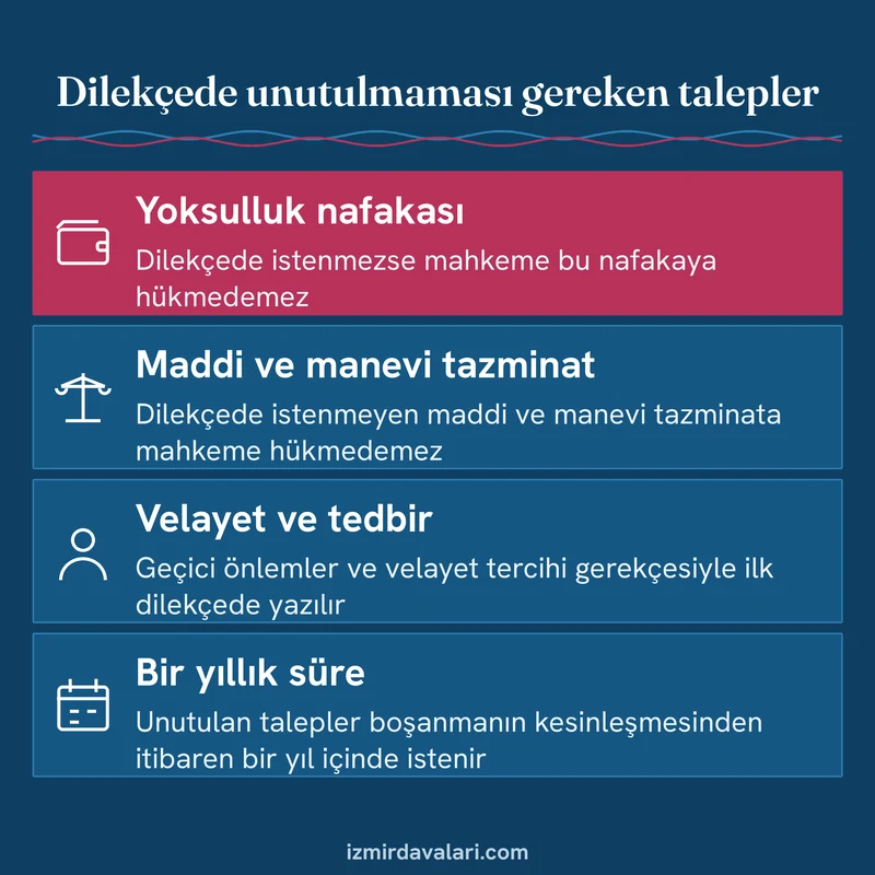 Boşanma dilekçesinde yazılması gereken nafaka, tazminat, velayet ve tedbir taleplerini gösteren bilgi kartı