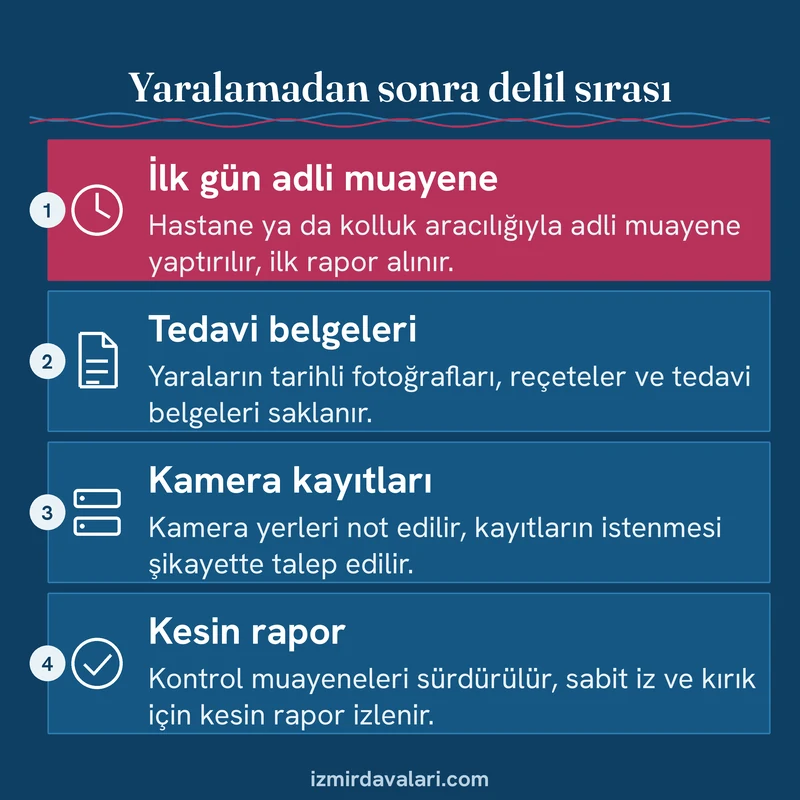 Yaralanan kişinin adli muayene, tedavi belgeleri, kamera kayıtları ve kesin rapor sırasıyla delil toplamasını gösteren kart