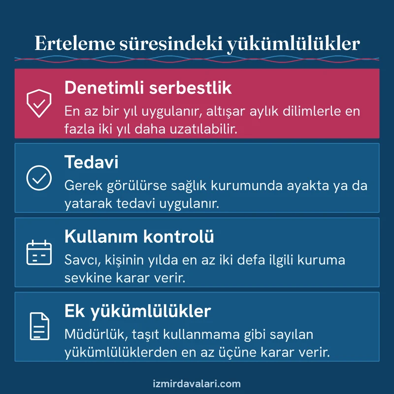 TCK 191 ertelemesinde denetimli serbestlik, tedavi, yılda iki kontrol ve ek yükümlülükleri gösteren bilgi kartı